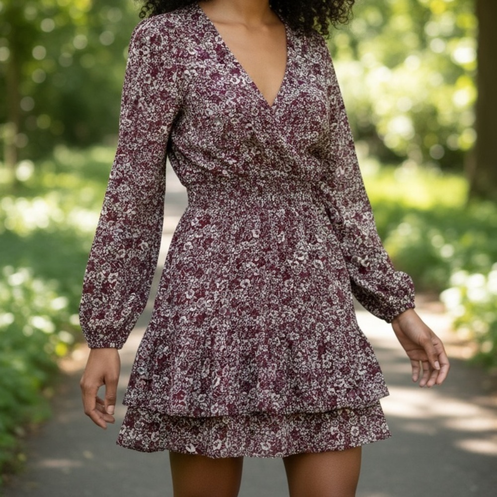 nine britton Burgundy Floral Wrap-Front Tiered Long-Sleeve Dress
